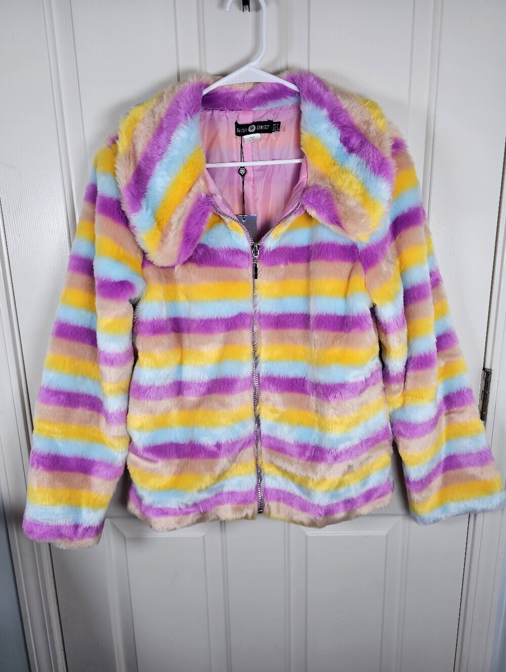 Daisy Street NWT Rainbow Stripe Faux Fur Jacket Size S